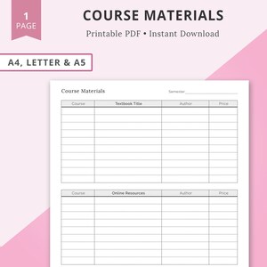 Pode incluir: Lista de materiais do curso imprimível com seções para o título do livro didático, o autor, o preço, os recursos online e outros materiais. A lista está organizada em formato de tabela com colunas para o curso, o título, o autor e o preço.