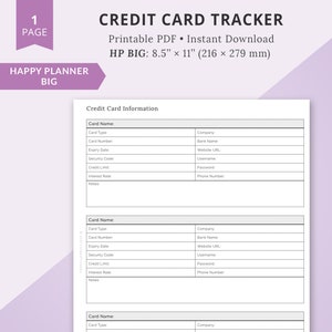 Big Happy Planner Druckbare Einlagen, Big Happy Planner Einlagen, Big HP Einlagen, Credit Card Information Tracker, Credit Card Tracker, CC