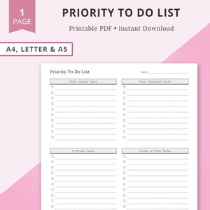 Lista priorytetowych zadań do wykonania, Lista zadań priorytetowych, Macierz priorytetów, Lista kontrolna priorytetów, Planer priorytetów do wydrukowania, Organizator listy zadań do wykonania, Eisenhower