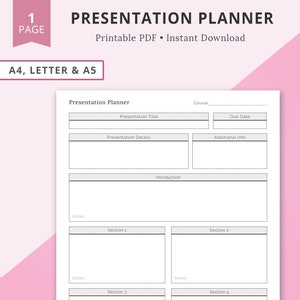 Op de afbeelding: Een printbare presentatieplanner in zwart-wit met secties voor cursus, presentatietitel, presentatiedetails, inleiding, vervaldatum, aanvullende informatie en vier secties voor dia's. De planner is ontworpen voor de papierformaten A4, Letter en A5.