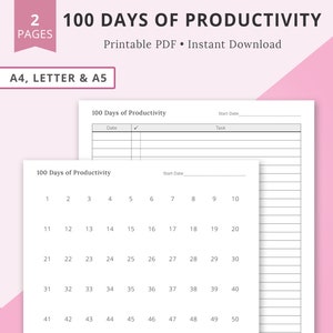 May include: A printable productivity planner with a white background and black text. The planner is divided into two sections. The top section has a space for the start date and a list of tasks. The bottom section has a grid of 100 squares, numbered 1 to 60. The planner is titled "100 Days of Productivity".