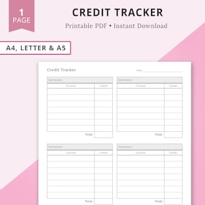 May include: A printable credit tracker for students. The tracker has four sections for each semester, with columns for course name and credit hours. The document is designed for A4, Letter, and A5 paper sizes.