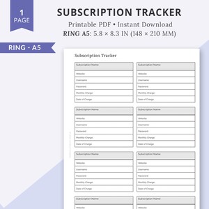 Op de afbeelding: Een afdrukbare abonnementen tracker in A5-formaat (148 x 210 mm) met ruimte om de abonnementsnaam, website, gebruikersnaam, wachtwoord, maandelijkse kosten en factuurdatum te registreren. De tracker is ontworpen om u te helpen uw abonnementen bij te houden en onnodige kosten te voorkomen.