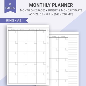 A5 Monthly Planner, Month on 2 Pages, Undated Monthly Printable Calendar, Printable Planner Pages, A5 Bullet Journal Planner Inserts, MO2P