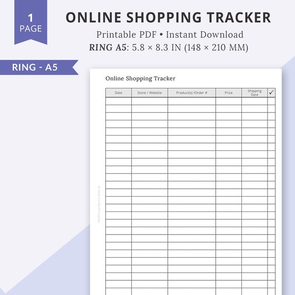Online Shopping Tracker Ring A5, Online Shopping Insert, Ring A5 Insert, Shopping Planner, Expenses Tracker Insert, Financial Planner Insert