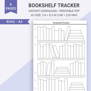 A5 Bookshelf Tracker Planner, Reading Tracker, Reading Wish List, Book Tracker, Disk-bound Bullet Journal Planner Insert, A5 Planner Inserts
