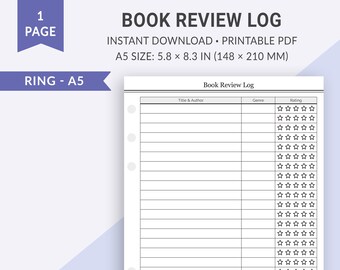 A5 Book Review Log, Reading Planner, Reading Journal, Book Journal, Reading Tracker, Reading List, Printable A5 Planner Page Inserts, 5x8