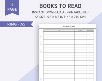 Puede incluir: Plantilla de seguimiento de lista de libros imprimible en tamaño A5, 14,7 x 21 cm. La página tiene el título "Libros para leer" con columnas para el título, el autor y el año de publicación.