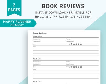 Book Review Happy Planner Classic Printable Inserts, Classic Happy Planner Inserts, Reading Planner, Book Planner, Reading Tracker, HP Print