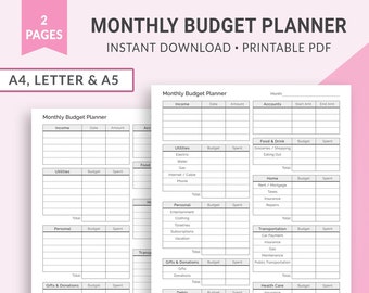 Monthly Budget Planner, Financial Tracker, Finance Planner, Budget Planner, Budget Tracker, Printable Planner Inserts | A4 Letter A5