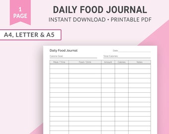 Daily Food Journal Printable, Meal Planner, Food Tracker, Food Log, Calorie Tracker, Calorie Log, Fitness Planner, Meal Log | A4 Letter A5