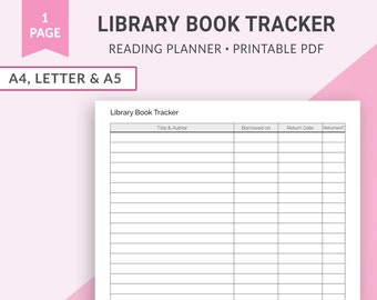 May include: A printable library book tracker with columns for title and author, borrowed on, return date, and returned. The tracker is designed for A4, Letter, and A5 paper sizes.