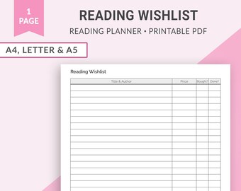 Puede incluir: Un planificador de lista de deseos de lectura imprimible en tamaños A4, Letter y A5. El planificador tiene columnas para el título y el autor de un libro, el precio, si el libro se ha comprado y si se ha leído.