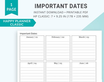 May include: Printable planner page with a grid of 12 boxes, each labeled with a month and number. The page is titled "Important Dates" and is designed for a Happy Planner Classic size, 7 by 9.25 inches.
