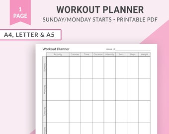 Workout Planner Printable, Workout Log, Workout Tracker, Fitness Planner, Fitness Log, Fitness Tracker, Exercise Tracker | A4 Letter A5