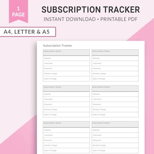 Abonnement-Tracker, Abonnement-Box, Mitglieder-Tracker, Monatliche Abonnement-Tracker, Passwort-Tracker, Haushaltsplaner | A4 Letter A5