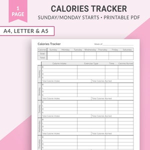 Calories Tracker Printable, Meal Planner, Food Planner, Calorie Planner, Food Tracker, Water Tracker, Calorie Intake Tracker | A4 Letter A5