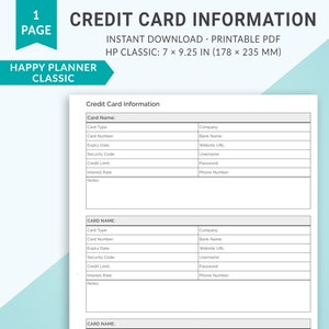 Inserciones imprimibles de Happy Planner, Inserción clásica de Happy Planner, Rastreador de información de tarjeta de crédito, Planificador financiero, Planificador de presupuesto, Cuenta