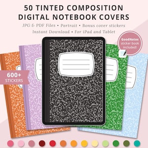 Puede incluir: 50 portadas de cuaderno digital con un diseño de cuaderno de composición en varios colores. Las portadas se muestran en una tableta y apiladas sobre un fondo rosa. El texto "600+ pegatinas" se muestra en una cinta blanca. El texto "¡Libro de pegatinas GoodNotes incluido!" se muestra en un cuadro blanco con borde azul. El texto "Cori Bee Printables" se muestra en la parte inferior de la imagen.
