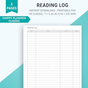 Könnte beinhalten: Druckbarer Lesetagebuch-Vorlagen für einen Happy Planner Classic-Planer. Die Vorlage enthält Spalten für Datum, Titel, Autor und Seiten.