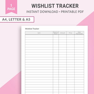 Wunschliste, Wunschliste-Tracker, Wunschliste-Planer, Einkaufs-Tracker, Einkaufsplaner, Planereinsätze | A4 Letter A5