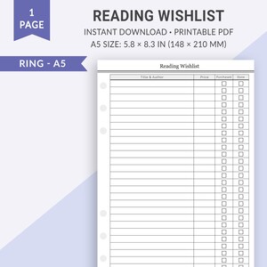 A5 Lesewunschliste, Lesewunschliste, Leseplaner, Lesejournal, Buchjournal, Lesetracker, A5 Planereinlagen zum Ausdrucken