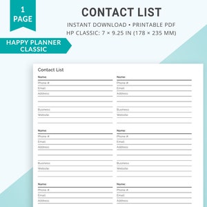 Happy Planner Printable Inserts, Classic Happy Planner Insert, Contact List, Contacts List Tracker, Address Book, Contacts Organizer