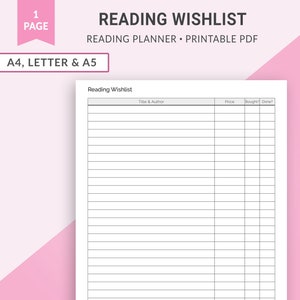 Reading Wishlist, Reading Journal, Book Wish List, Book Journal, Reading Tracker, Reading List, Printable Planner Inserts A4 Letter A5 image 1