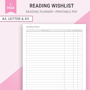 Reading Wishlist, Reading Journal, Book Wish List, Book Journal, Reading Tracker, Reading List, Printable Planner Inserts A4 Letter A5 image 1