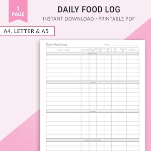 Daily Food Log, Fitness Planner, Meal Planner, Food Tracker, Calorie Counting, Food Log, Fitness Tracker, Meal Planning | A4 Letter A5