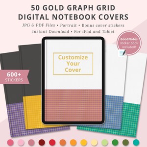 Gold Grid Digital Covers, Gold Graph Covers, Digital Notebook Covers, GoodNotes Digital Planner Covers, Customizable Covers, Gold Covers