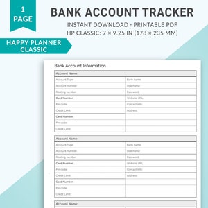Happy Planner Printable Inserts, Classic Happy Planner Insert, Bank Account Information Tracker, Financial Planner, Budget Planner, Finance