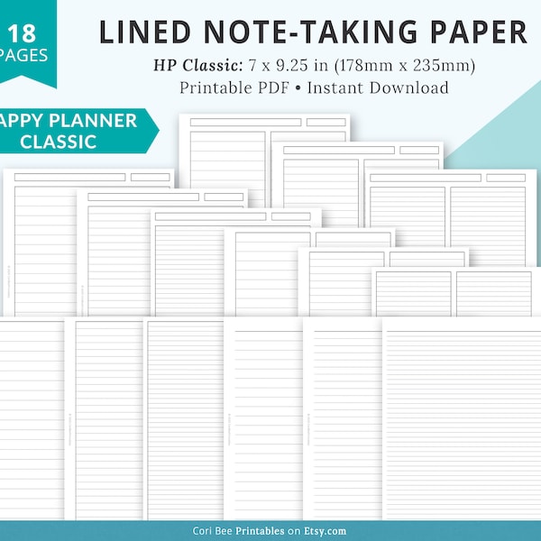 Happy Planner Inserts, Classic Happy Planner Template, Lined Paper, Lined Note Paper, Lined Notebook Paper, Printable Lined Stationary
