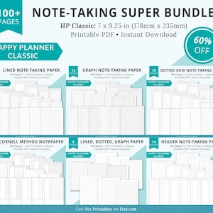 May include: A digital download bundle of 100+ printable note-taking paper templates in various styles, including lined, graph, dotted grid, Cornell method, and header. The templates are designed for Happy Planner Classic notebooks and measure 7 x 9.25 inches (178mm x 235mm).