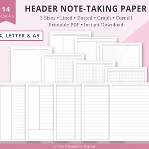 Può includere: Un set di 14 modelli di carta per prendere appunti stampabili in formato A4, Letter e A5. I modelli includono stili di presa di appunti con righe, punti, griglia e Cornell. Il testo sull'immagine recita "14 Designs, Header Note-Taking Paper, 3 Sizes Lined Dotted Graph Cornell, Printable PDF Instant Download, A4, Letter & A5, Cori Bee Printables on Etsy.com".