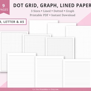 Dotted Grid Paper Template, Lined Paper, Graph Paper, Dot Paper, Note Paper, Notetaking, Wide Ruled, Narrow Ruled, Printable Insert Template