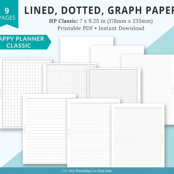 Happy Planner Printable Inserts, Classic Happy Planner, Lined Paper, Graph Paper, Dotted Grid, Wide Ruled, Narrow Ruled, Note Paper Template