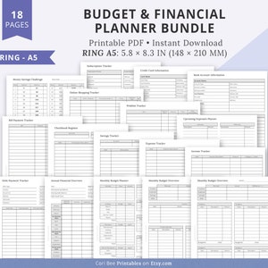 Peut inclure: Un lot de planificateurs budgétaires et financiers imprimables au format A5 (14,7 x 21 cm). Le lot comprend 18 pages avec divers trackers pour les économies d'argent, les abonnements, les achats en ligne, les cartes de crédit, les comptes bancaires, les listes de souhaits, les factures, les registres de chèques, les économies, les dépenses, les revenus, les paiements de dettes, l'aperçu financier annuel et les budgets mensuels.