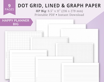 Inserciones de Big Happy Planner, Happy Planner imprimible, papel Happy Planner, HP grande, plantilla de cuadrícula de puntos, papel cuadriculado, papel rayado, papel cuadriculado