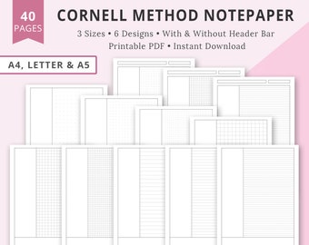 Cornell Method Template, Cornell Paper, Cornell Notepaper, Printable Cornell Note Template, Cornell Method Template, Lined, Graph, Dotted