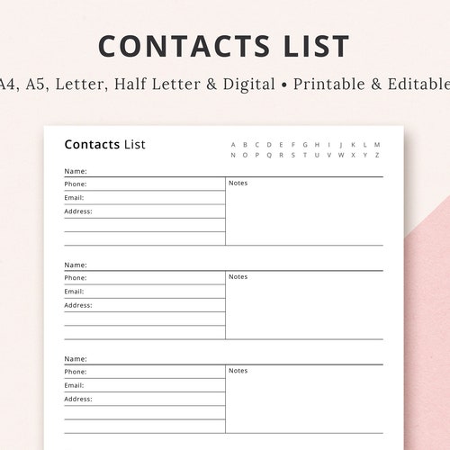 Editable Contacts List Fillable Address Book Contacts Etsy