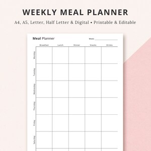 Editable Weekly Meal Planner, Meal Tracker Printable, Food Tracker, Recipe Tracker, Ingredient Tracker, Health Planner | A4 A5 Letter Half