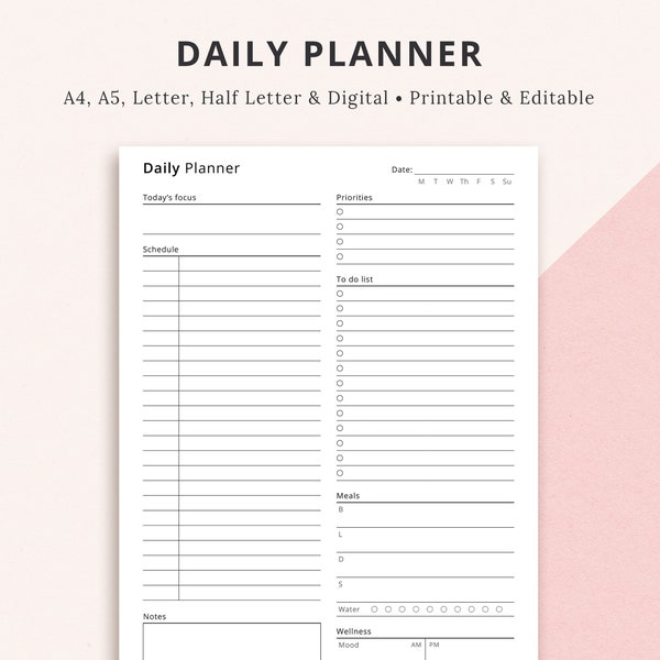 Editable Daily Planner, Daily Printable Planner, Daily Hourly Planner, To Do List Planner, Undated Daily Planner Inserts | A4 A5 Letter Half