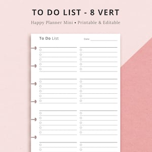 May include: Printable to-do list for Happy Planner Mini. The list has 8 vertical sections with checkboxes and lines for writing. The text "To Do List" and "Date:" are at the top of the page. The text "MaroonBee Printables on Etsy.com" is at the bottom of the page.