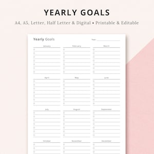 Editable Yearly Goals Checklist Planner, Yearly Planner, Yearly Printable, Goal Tracker Printable, Fillable Yearly List | A4 A5 Letter Half