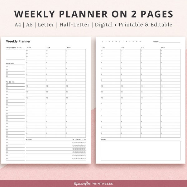 Editable Weekly Planner on 2 Pages, Wo2P, Fillable Weekly Printable Template, Undated Printable Planner Insert Template | A4 A5 Letter Half