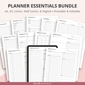 Puede incluir: Un conjunto de páginas de planificador imprimibles en blanco y negro. Las páginas incluyen listas de tareas, rastreadores de hábitos, planificadores semanales y diarios, un rastreador de contraseñas, una lista de contactos, un calendario de cumpleaños y un planificador de objetivos anuales. Las páginas están diseñadas para ser impresas y utilizadas para la organización personal.