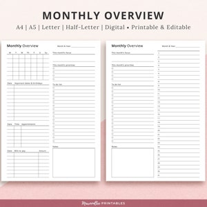 Editable Monthly Overview Printable Template, Month at a Glance, Monthly Planner, Fillable Monthly Printable Insert | A4 A5 Letter Half