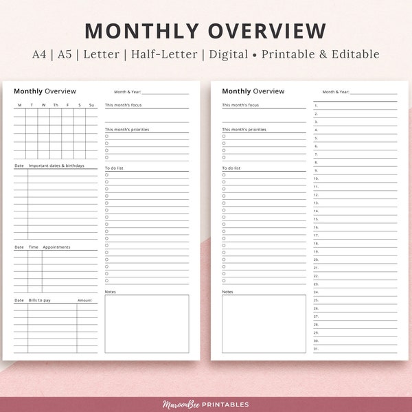 Editable Monthly Overview Printable Template, Month at a Glance, Monthly Planner, Fillable Monthly Printable Insert | A4 A5 Letter Half