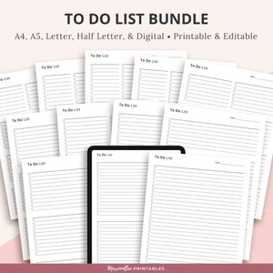 May include: A set of printable to-do list templates in various sizes, including A4, A5, Letter, Half Letter, and digital. The templates are black and white with a simple design and are perfect for organizing tasks and projects.